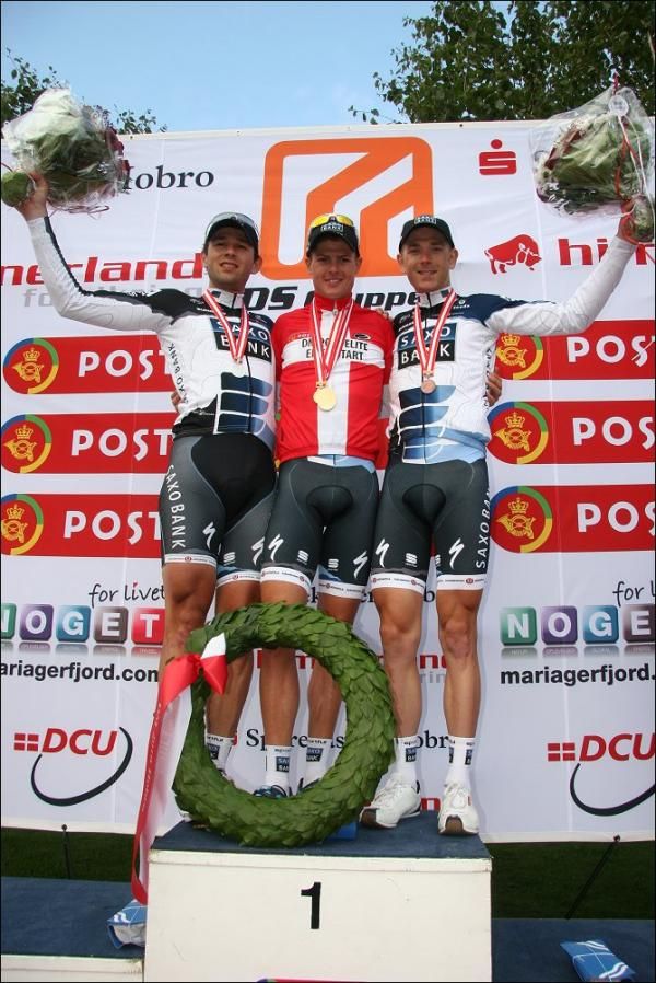 Podium (L-R): Alex Rasmussen (Team Saxo Bank), Jakob Fuglsang (Team Saxo Bank), and Michael M&oslash;rk&oslash;v (Team Saxo Bank).