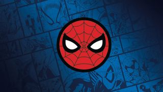 A gallery of blue Spider-Man comic panels, with a Spider-Man logo over the top