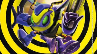 Buck Bumble, a mutant bee-man, wields some kind of pistol against a black and yellow background.