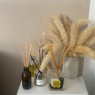 Reed diffusers in testing on Annie's bedside table beside vase of pampas grass