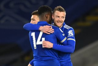 Leicester City’s Kelechi Iheanacho (left) celebrates with with team-mate Jamie Vardy (right)