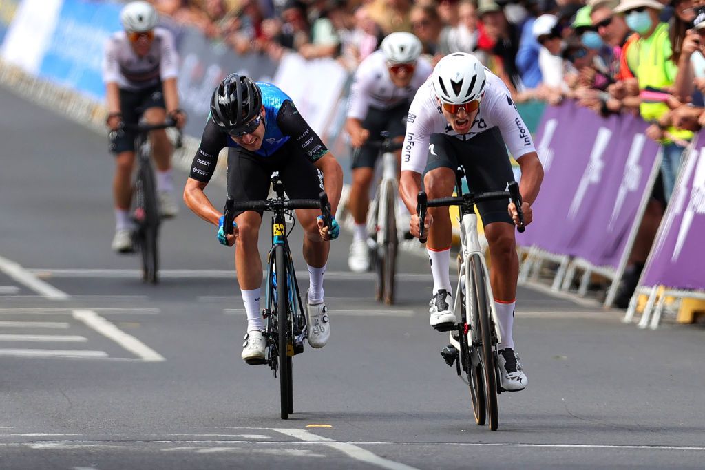 BALLARAT AUSTRALIA JANUARY 15 LR Mathew Dinham of Australia and Blake Quick of Australia sprint at finish line during the Australian Cycling National Championships 2022 Mens U23 Road Race a 1392km race from Ballarat to Ballarat AusCyclingAus on January 15 2022 in Ballarat Australia Photo by Con ChronisGetty Images