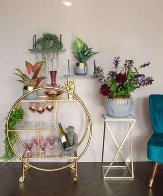 Brass round glam drinks trolley styled with pink and gold glassware and potted houseplants.