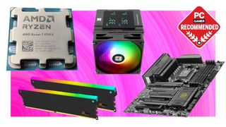 A collage of various PC components against a vibrant pink background, with a PC Gamer Recommended logo in the top right corner.