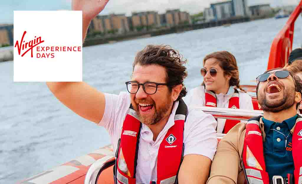 Virgin Experience days logo in the top left with a picture of people smiling laughing on a boat ride 
