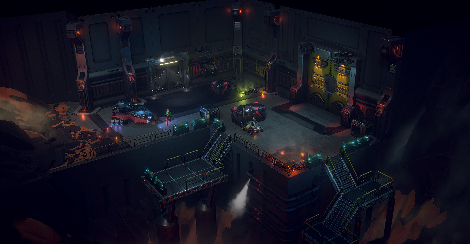 An image from Cyber Knights: Flashpoint showing an isometric view of a cyberpunk loading dock landscape.