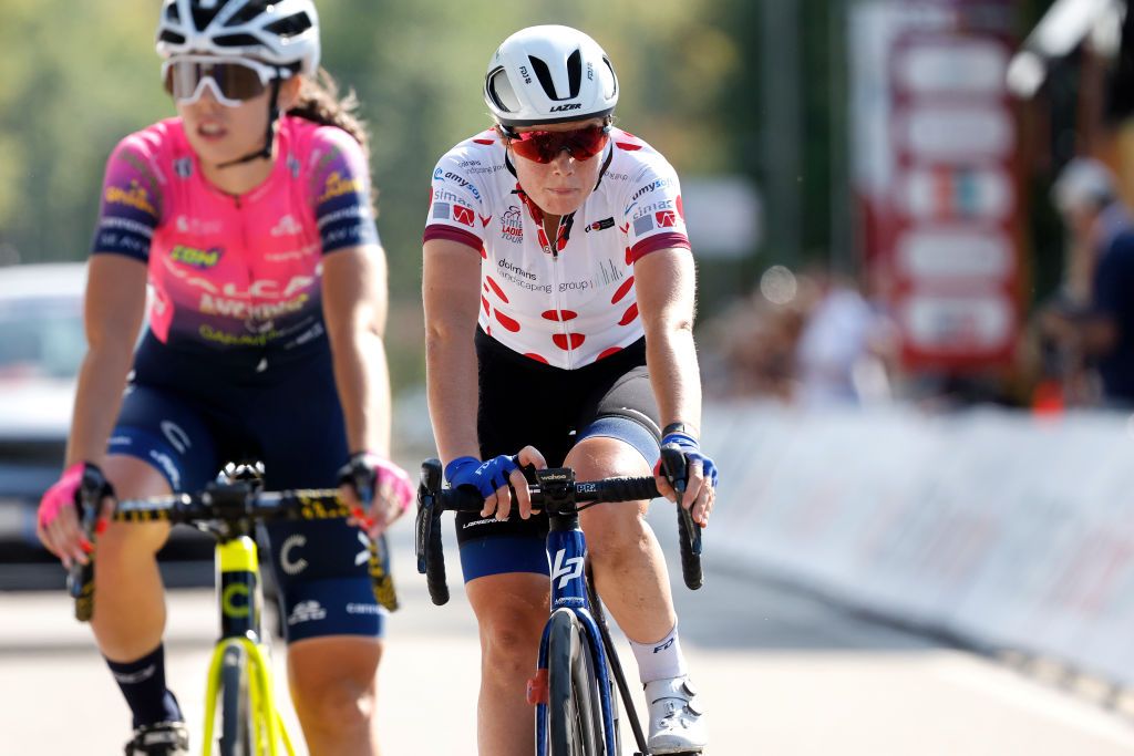 LANDGRAAF NETHERLANDS SEPTEMBER 02 Malle Grossetete of France and Team FDJ Suez Futuroscope Polka Dot Mountain Jersey crosses the finish line during the 25th Simac Ladies Tour 2022 Stage 4 a 1352km stage from Landgraaf to Landgraaf SLT2022 UCIWWT on September 02 2022 in Landgraaf Netherlands Photo by Bas CzerwinskiGetty Images