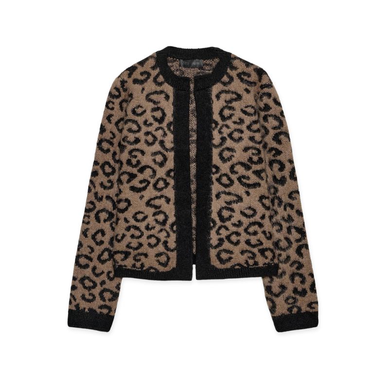 A cutout of a black and beige leopard print cardigan