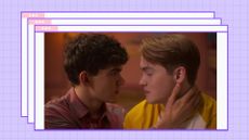 Joe Locke and Kit Connor as Charlie Spring and Nick Nelson in Heartstopper/ in a purple template