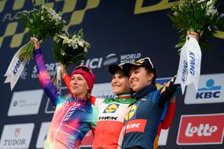 Elisa Longo-Borghini, Kasia Kiewiadoma and Shirin van Anrooij on the podium of the 2024 Tour of Flanders.