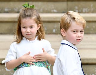 Princess Charlotte of Cambridge and Prince George of Cambridge attend the wedding of Princess Eugenie of York and Jack Brooksbank at St George's Chapel