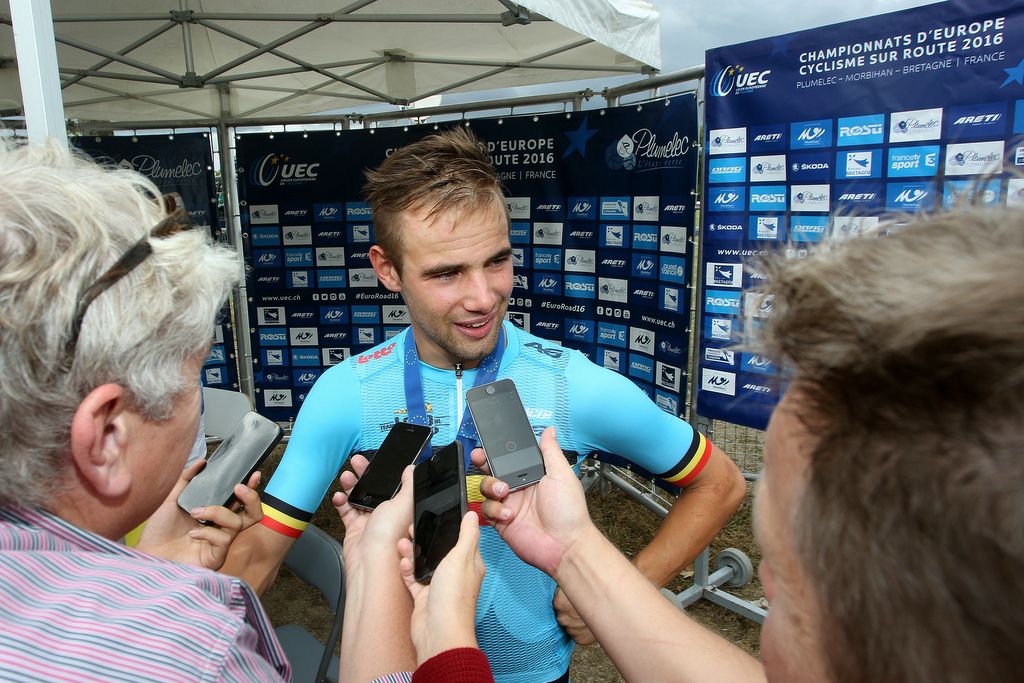 Post-race media duties for Victor Campenaerts (Belgium)