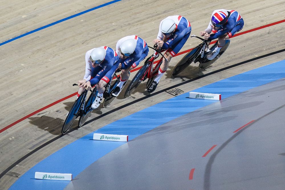 Edward Clancy,Kian Emadi,Ethan Hayter,Charlie Tanfield (GBR) of Men`s team Pursuit squad take part in the qualifying round of the UCI Track Cycling World Championships