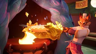 A cartoonish wild cat cooks over an open flame with a smile