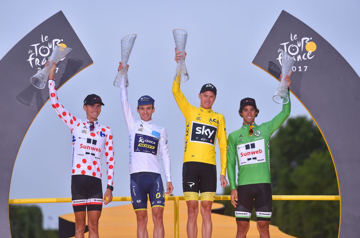 The four jersey classification winners on the final podium