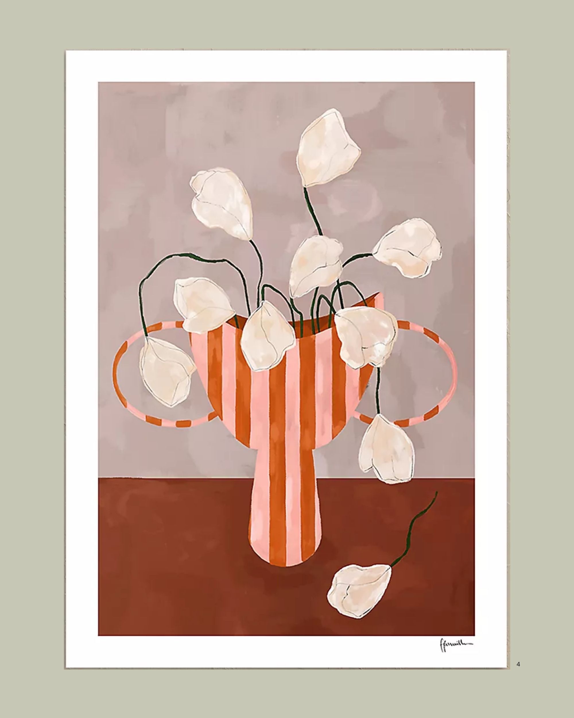 Frankie Penwill, White Flowers in Striped Vase Art Print