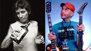 AC/DC’s Bon Scott holding a drink and Cheap Trick’s RIck Nielsen holding two guitars