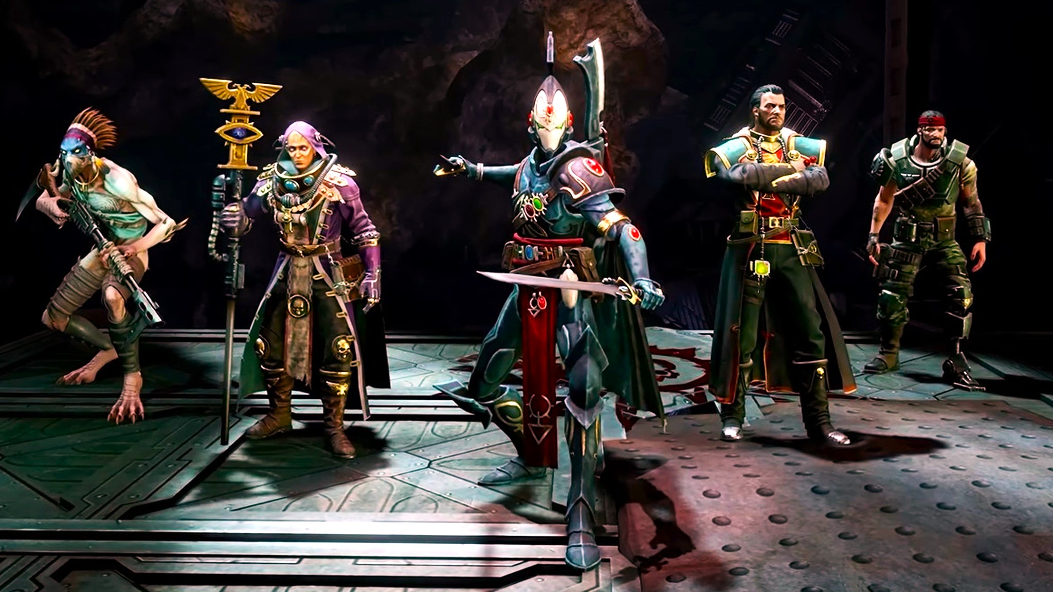 Five distinct fantasy characters stand in a row, each wearing unique, detailed costumes and holding different weapons, set against a dark, industrial background.