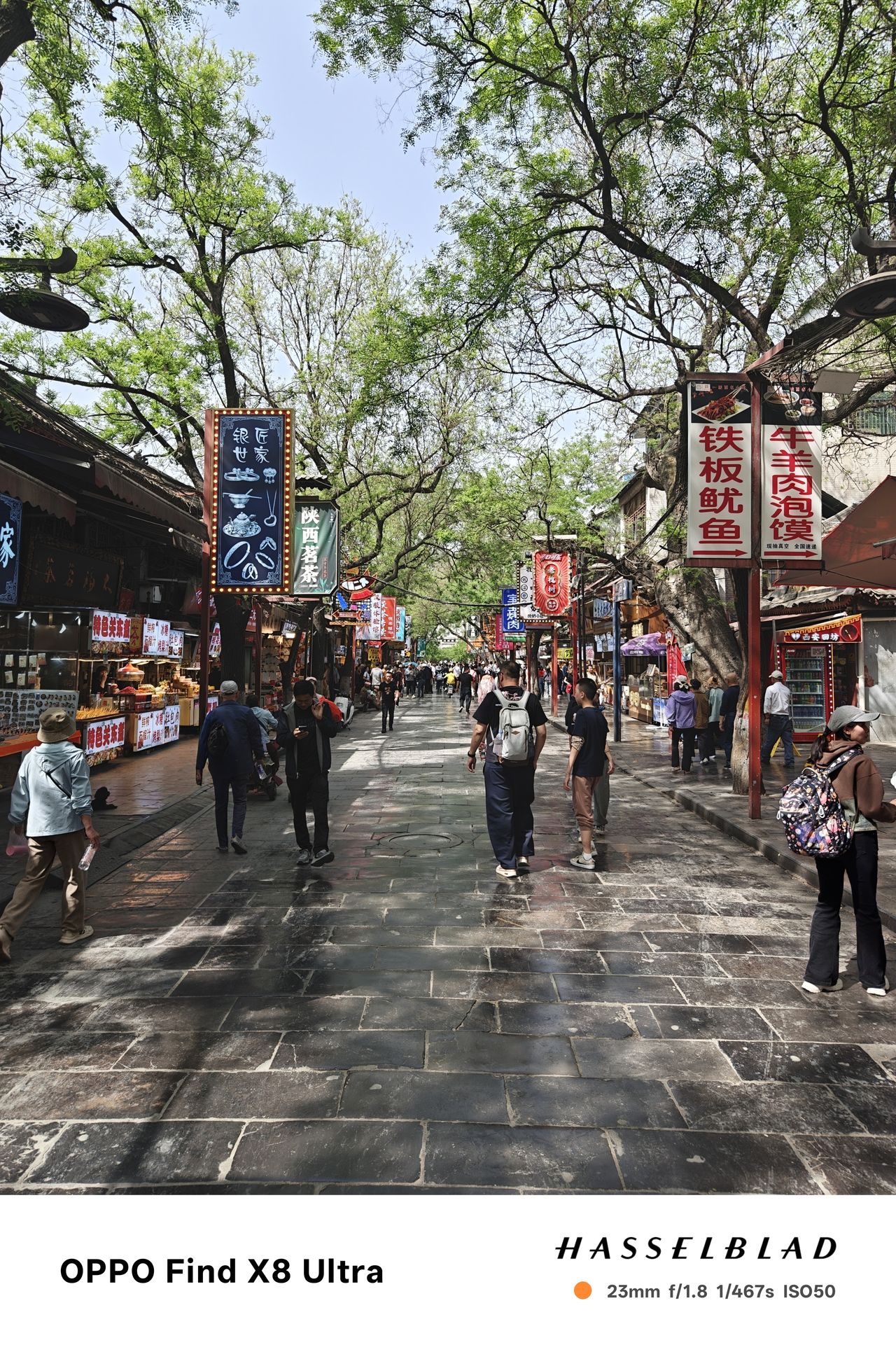 View down a long street in China lined with market stalls