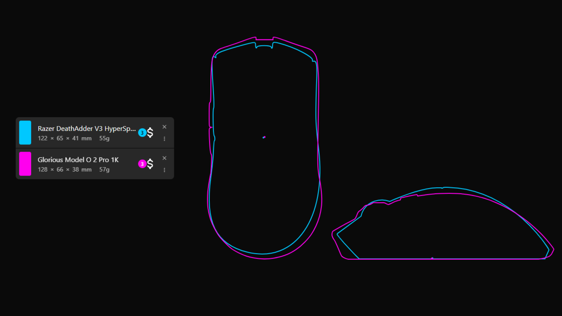 An image comparing the silhoettes of two gaming mice in blue and pink outlines.