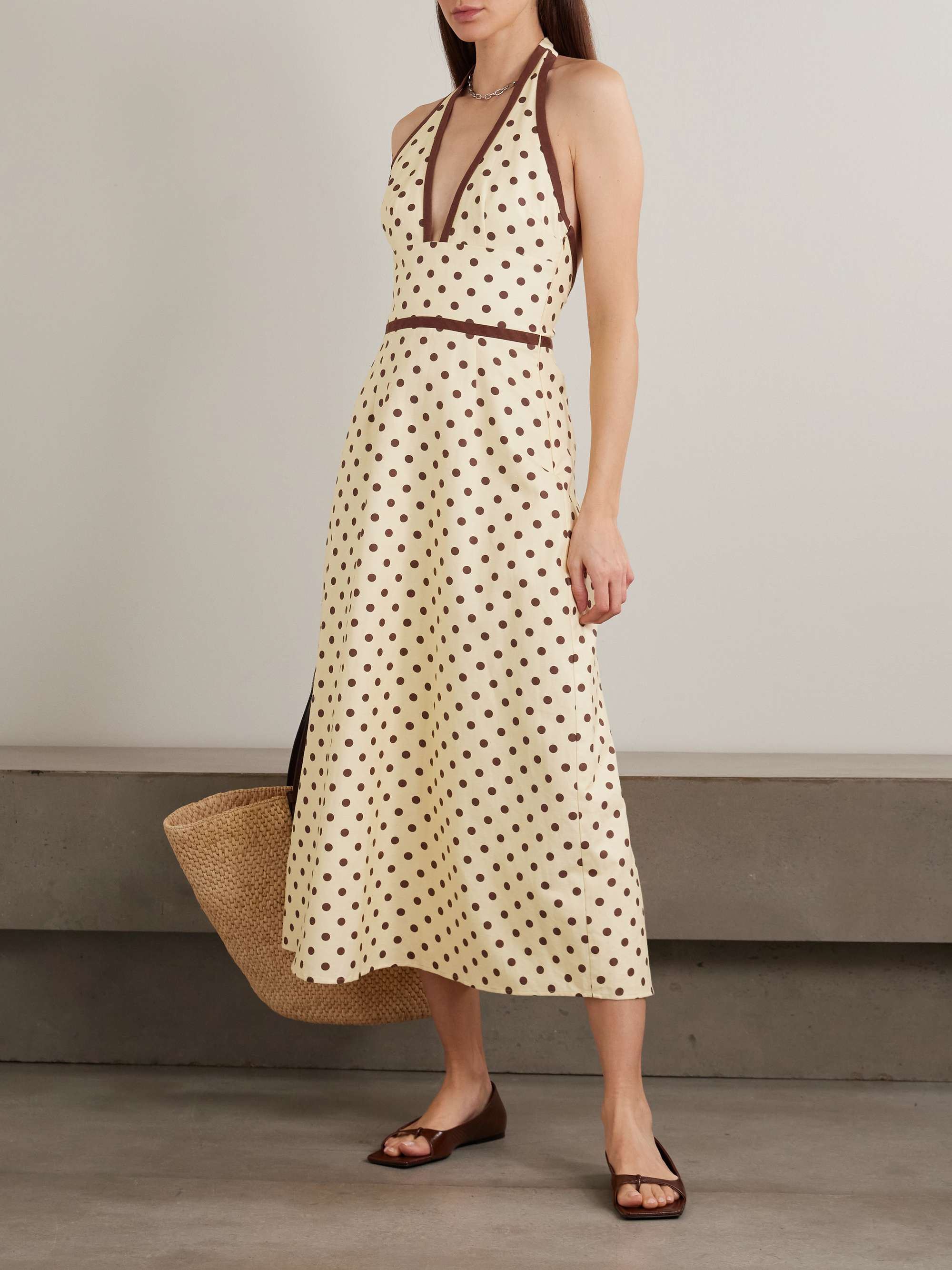 Bowie Polka-Dot Linen and Cotton-Blend Halterneck Midi Dress
