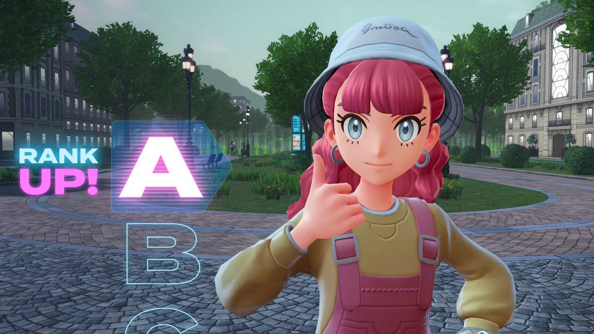 A pink-haired female trainer gives a thumbs up as she's promoted to Rank A in Pokemon Legends: Z-A.