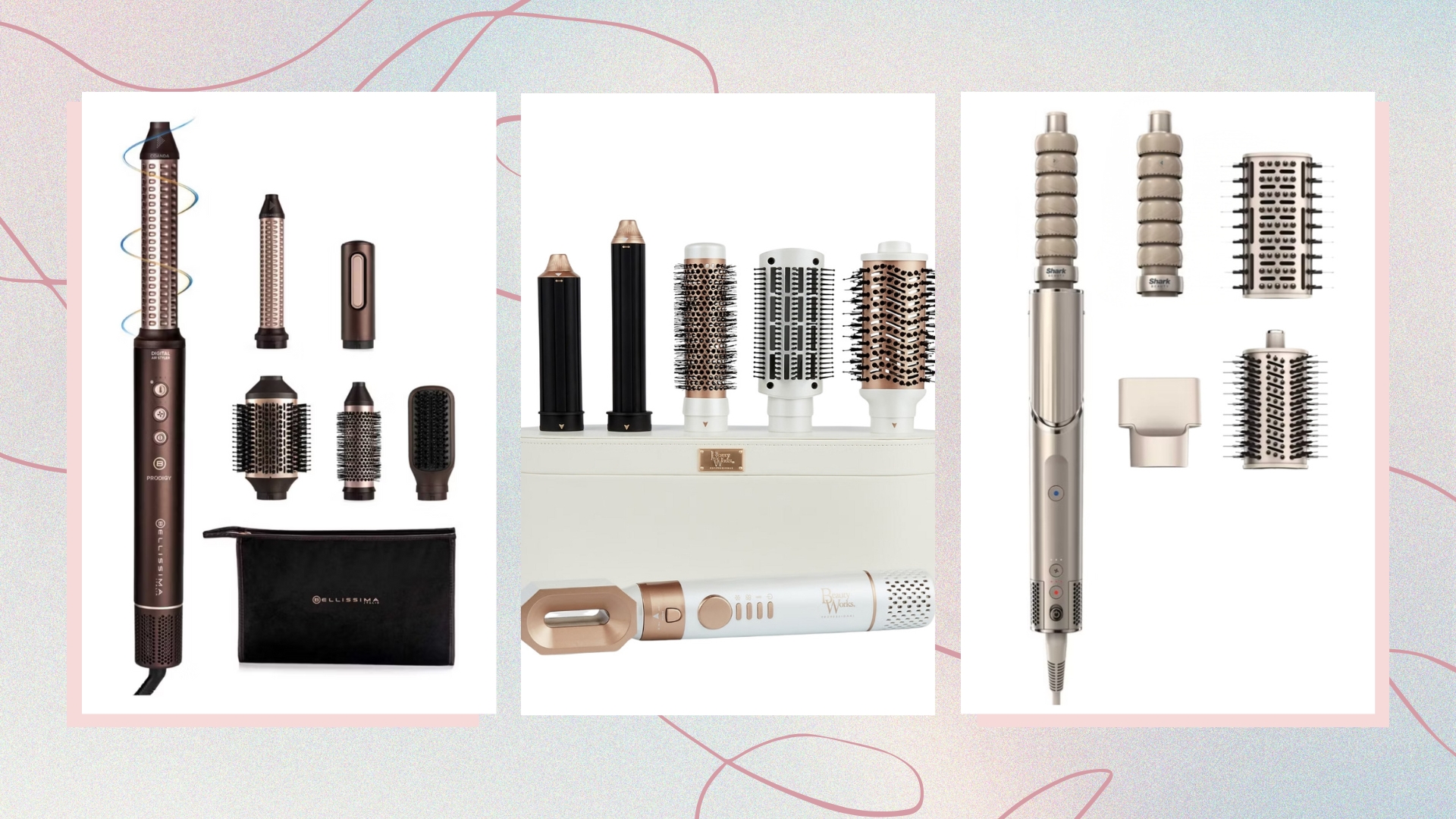 Collage of the best Dyson Airwrap alternatives (L-R) from Bellissima, Beauty Works and Shark, on a pastel watercolour background with pink swirls