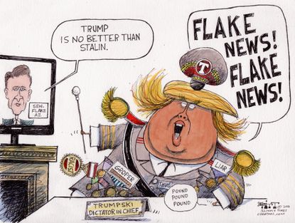 Political cartoon U.S. Trump Stalin Jeff Flake fake news Russia