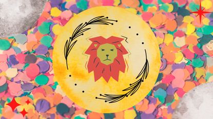 Leo season memes feature image; a yellow lion, leo&#039;s zodiac symbol, on a confetti background