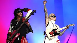 SYDNEY, AUSTRALIA - NOVEMBER 11: Nikki Sixx (L) of M&ouml;tley Cr&uuml;e performs at GIANTS Stadium on November 11, 2023 in Sydney, Australia. (Photo by Don Arnold/WireImage)