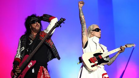 SYDNEY, AUSTRALIA - NOVEMBER 11: Nikki Sixx (L) of M&ouml;tley Cr&uuml;e performs at GIANTS Stadium on November 11, 2023 in Sydney, Australia. (Photo by Don Arnold/WireImage)