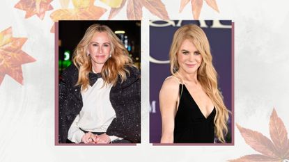 On the left, Julia Roberts is pictured with warm blonde hair at the Moncler Flagship Opening dinner at Gotham Hall on September 10, 2026 in New York City. And on the right is a picture of Nicole Kidman with long, warm blonde hair at the photocall for "Practical Magic 2" inside The Ballroom of Claridge’s on August 27, 2026, in London, England/ both images featured in a grey-and-white template with faded maple leaves