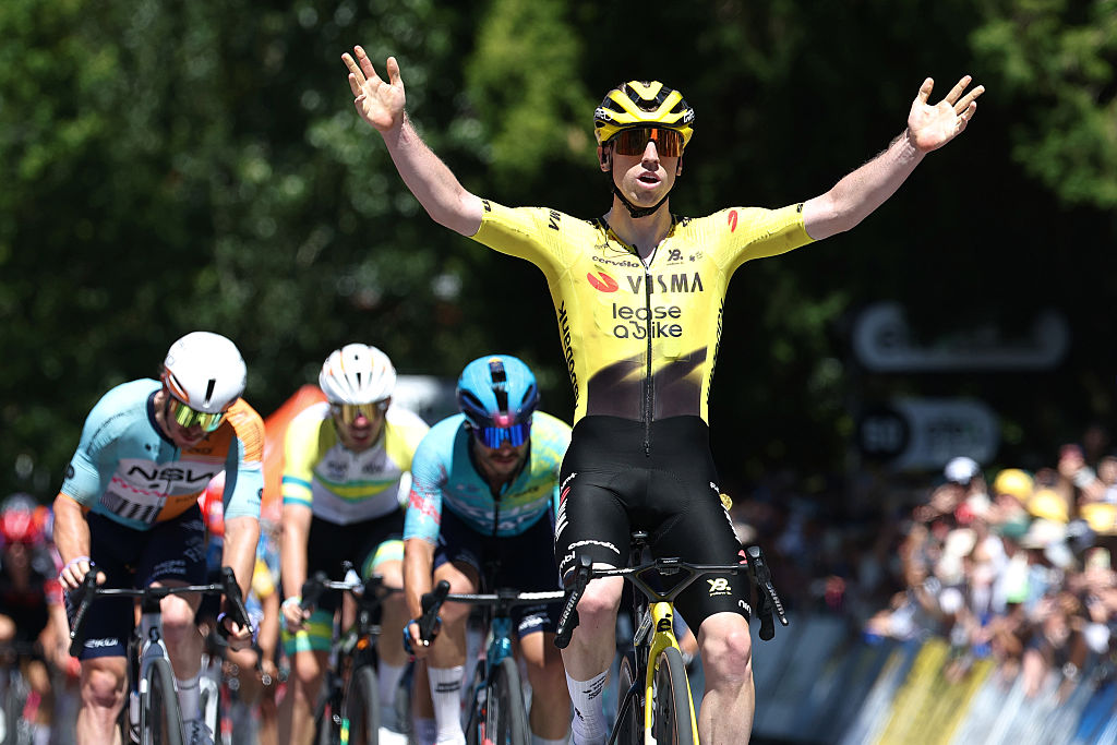 STIRLING, AUSTRALIA - JANUARY 25: Matthew Brennan of Great Britain and Team Visma | Lease a Bike celebrates at finish line as stage winner during the 26th Santos Tour Down Under 2026, Stage 5 a 169.8km stage from Stirling to Stirling / #UCIWT / on January 25, 2026 in Stirling, Australia. (Photo by Con Chronis/Getty Images)