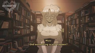 Muu standing in a library