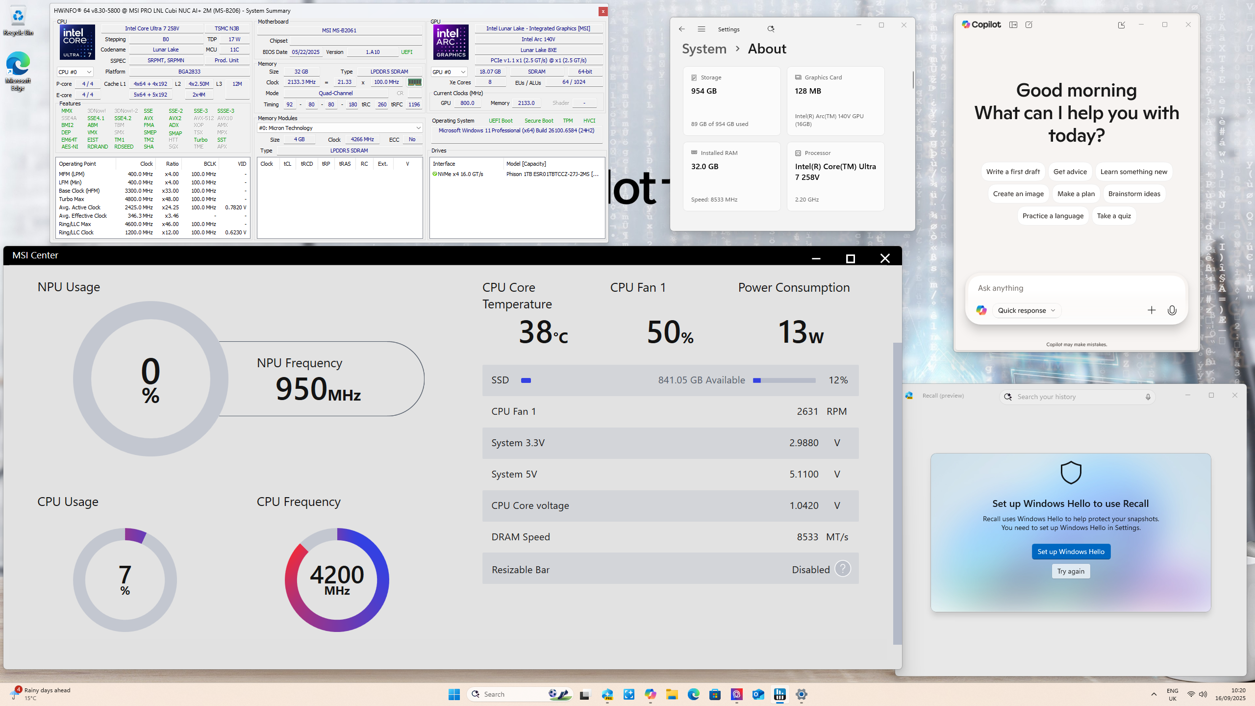 MSI Cubi NUC AI+ 2MG specs displayed on various apps within the Windows 11 desktop environment.