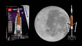 Lego Artermis II and NASA image of moon