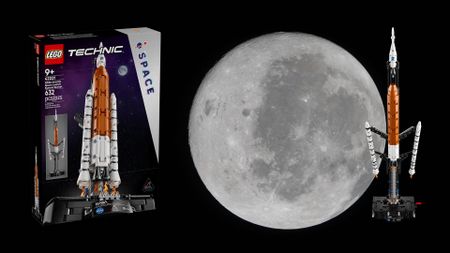 Lego Artermis II and NASA image of moon