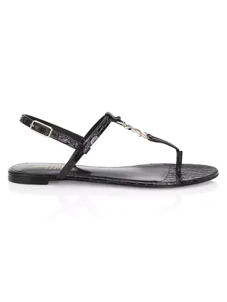 Cassandra Croc-Embossed Leather Slingback Thong Sandals