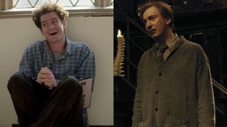 From left to right: Andrew Garfield sitting corss legged and smiling in Tick, Tick...Boom! And David Thewlis as Lupin looking with hope in his eyes in the third Harry Potter film. 