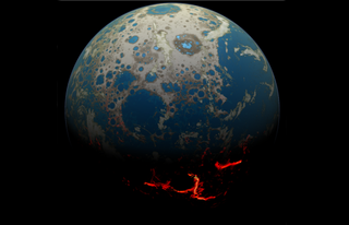 An artist's conception of the early Earth, showing a surface bombarded by large impacts that result in the extrusion of magma onto the surface.