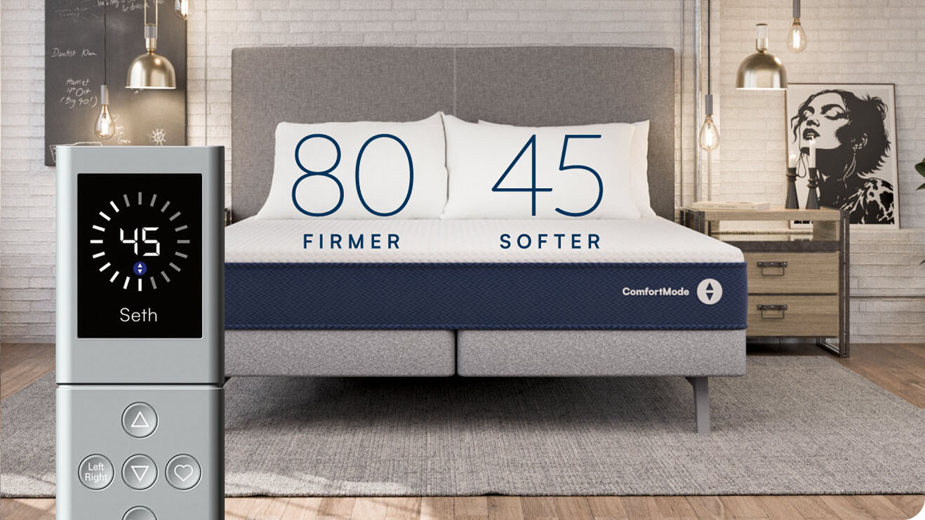 The Sleep Number ComfortMode Mattress on a split bed frame in a bed room. Text on the left side of the bed indicates it's set at '80' or firmer, while text on the right side of the bed says '45' and softer. At the front of the image is a close up of the remote, set to 45