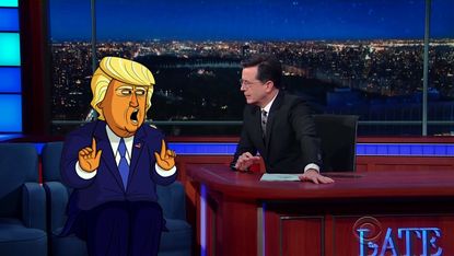 Stephen Colbert interviews Cartoon Donald Trump