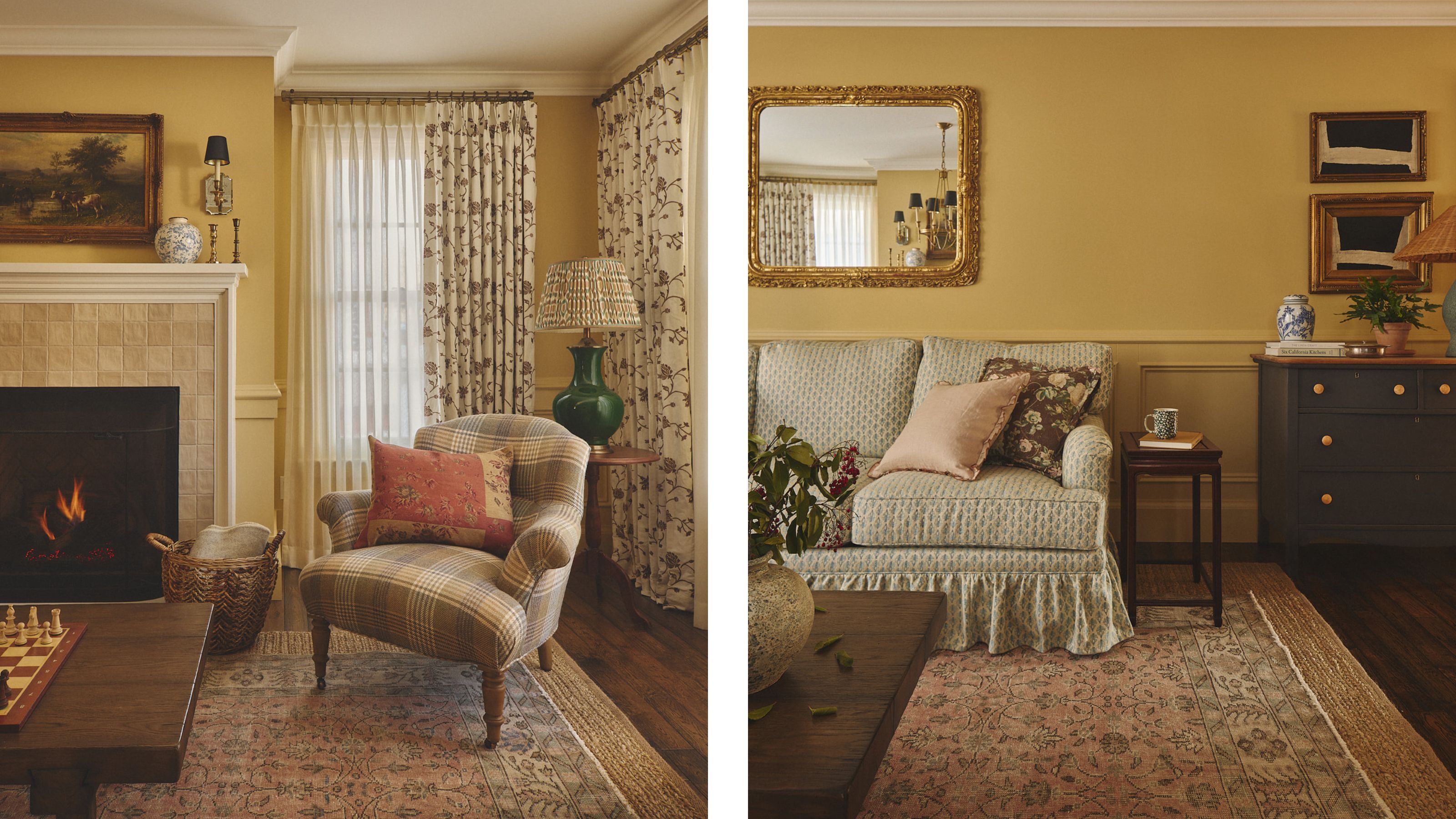 two side by side images of a yellow painted english style living room with traditional fireplace and floral skirted sofa