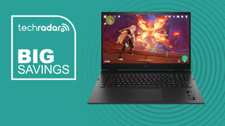 HP Omen 17 laptop open on a cyan background with text that says big savings