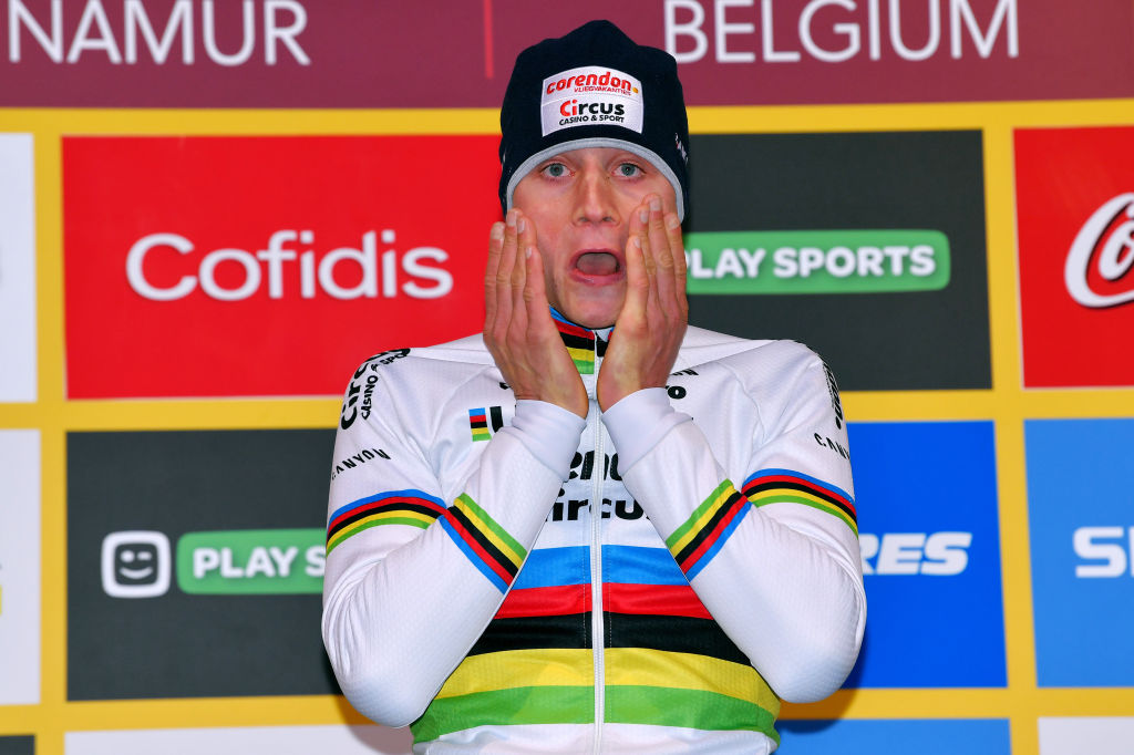 NAMUR, BELGIUM - DECEMBER 22: Podium / Mathieu Van Der Poel of The Netherlands and Team Corendon - Circus / Celebration / during the 11th Namur World Cup 2019 / @UCI_CX / #TelenetUCICXWC / on December 22, 2019 in Namur, Belgium. (Photo by Luc Claessen/Getty Images)