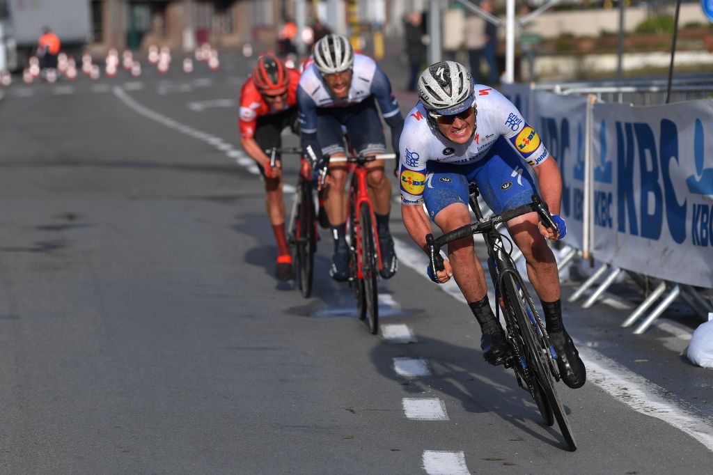 NINOVE BELGIUM FEBRUARY 29 Jasper Stuyven of Belgium and Team Trek Segafredo Yves Lampaert of Belgium and Team Deceuninck QuickStep Soren Kragh Andersen of Denmark and Team Sunweb Breakaway during the 75th Omloop Het Nieuwsblad 2020 Men Race a 200km race from Ghent to Ninove OmloopHNB OHN20 on February 29 2020 in Ninove Belgium Photo by Tim de WaeleGetty Images