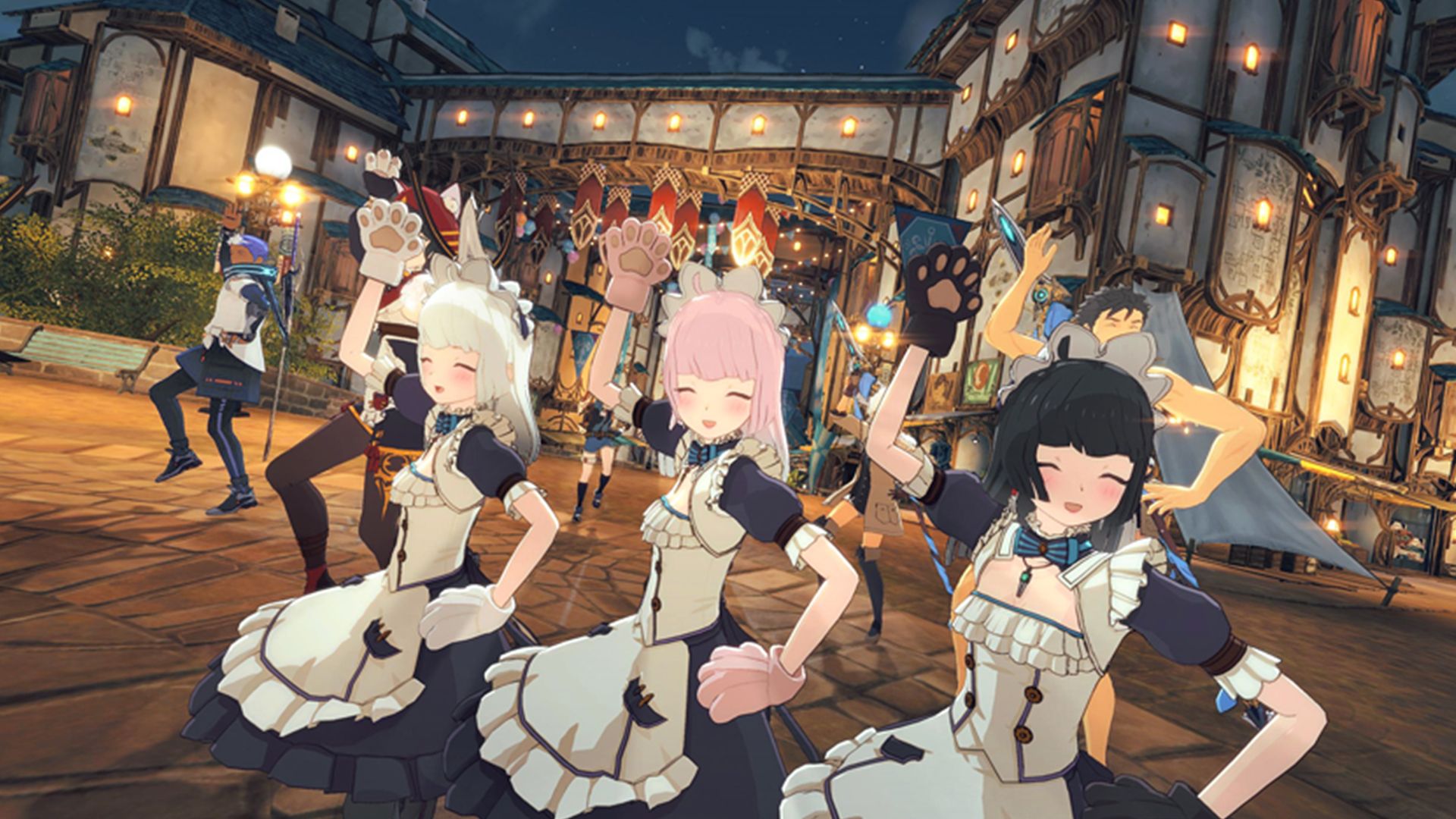 A trio of anime girls in maid outfits dance in a line in Blue Protocol: Star Resonance.