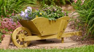 Wilko Wooden Wheelbarrow Planter in a garden