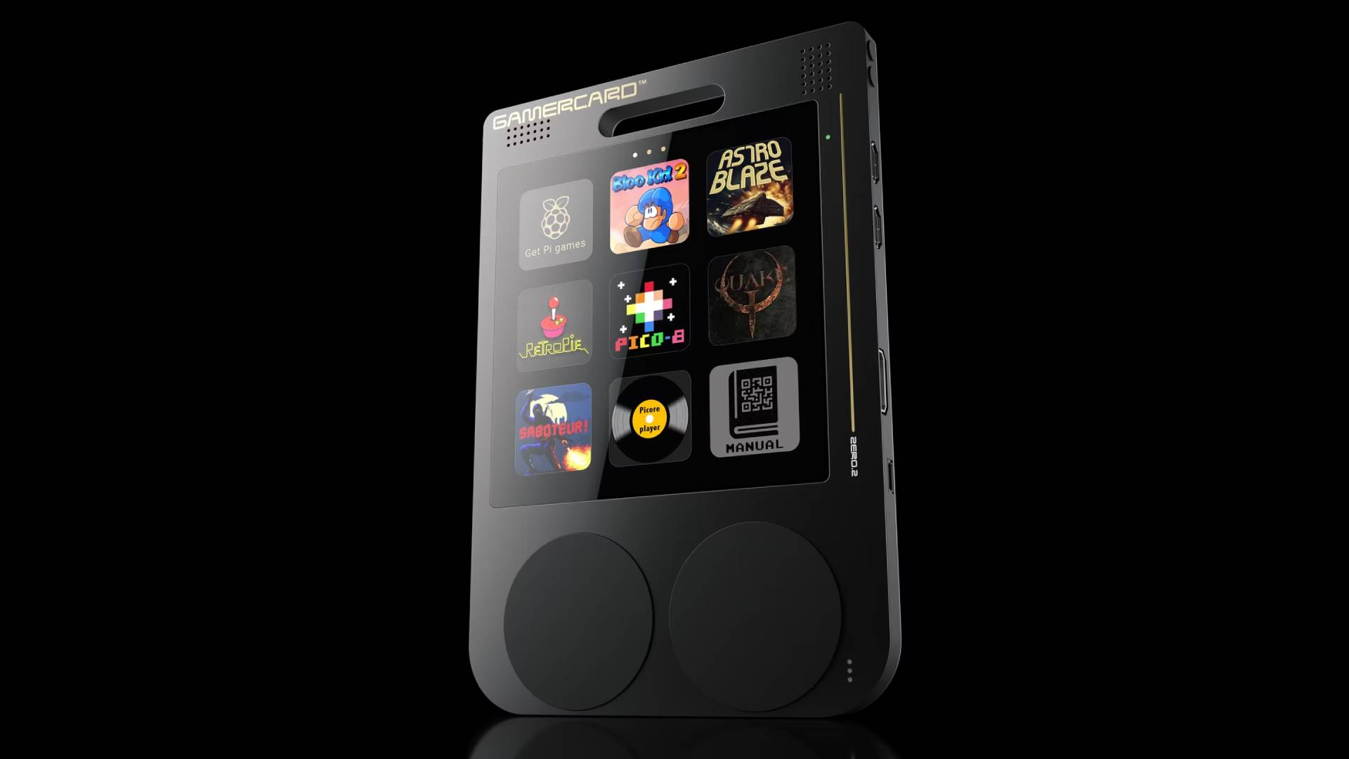 View of Gamercard handheld operating system with black backdrop.