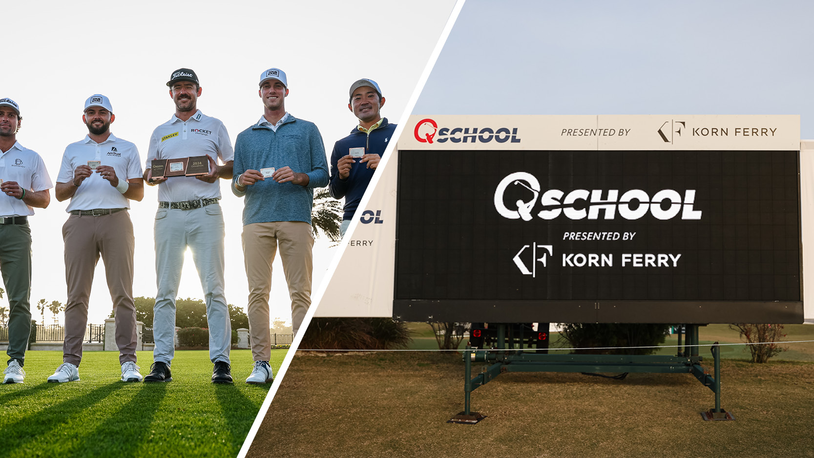 Five players show their PGA Tour cards, with a scoreboard on the other side